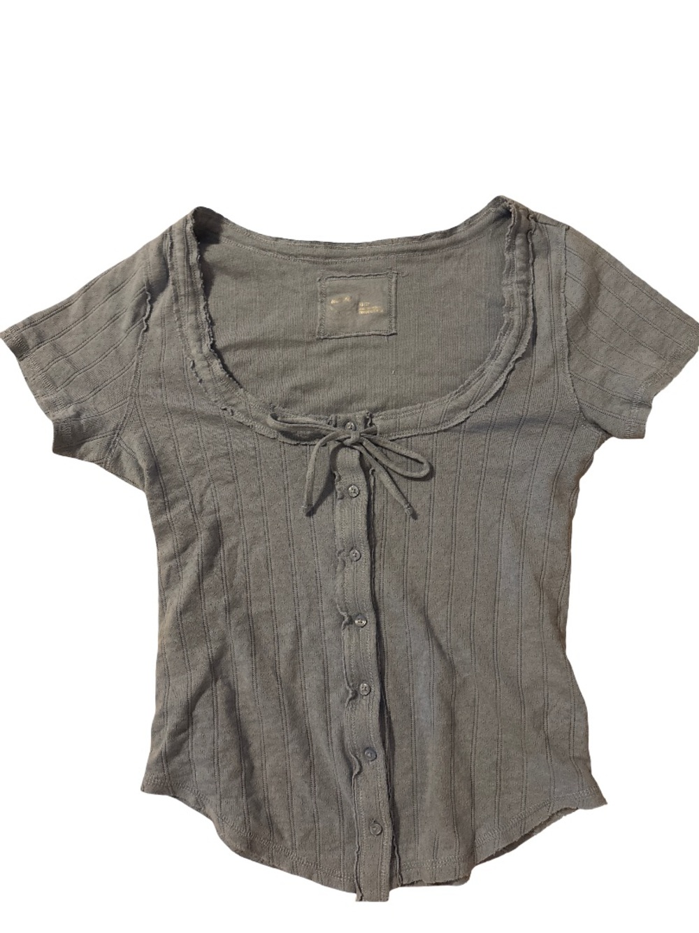 aerie Light Blue Ribbed Short-Sleeve Button Down Scoop Neck Top